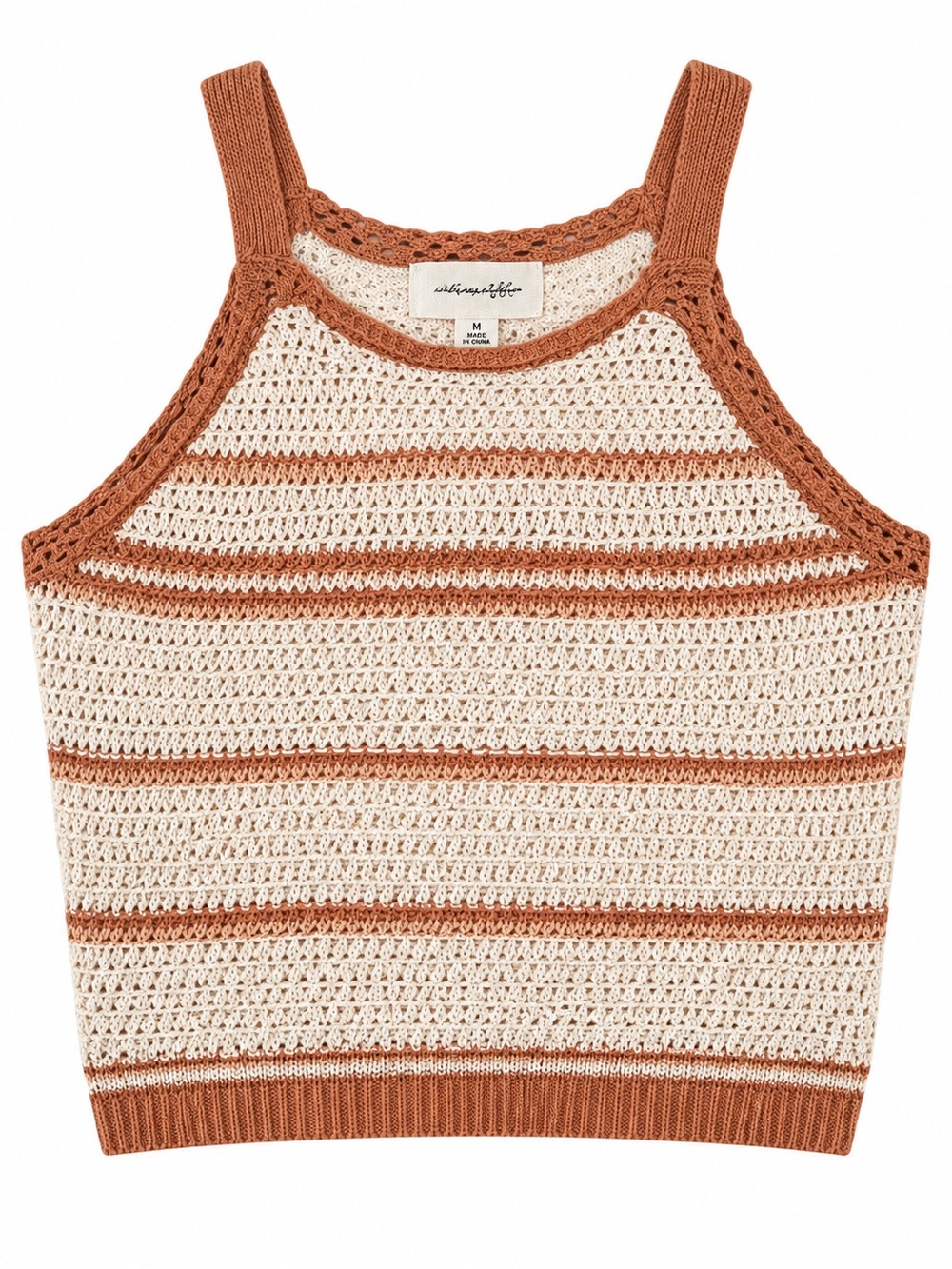 Freshman 1996 Crochet Striped Tank Top M Cream Rust Boho Knit Crop